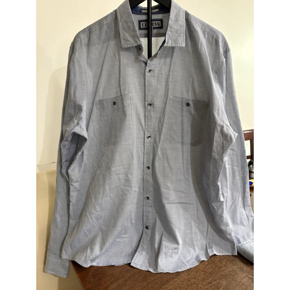 Express Men's Fitted Shirt XL 17-17.5 Long Sleeve Gray White Stripe Button Up